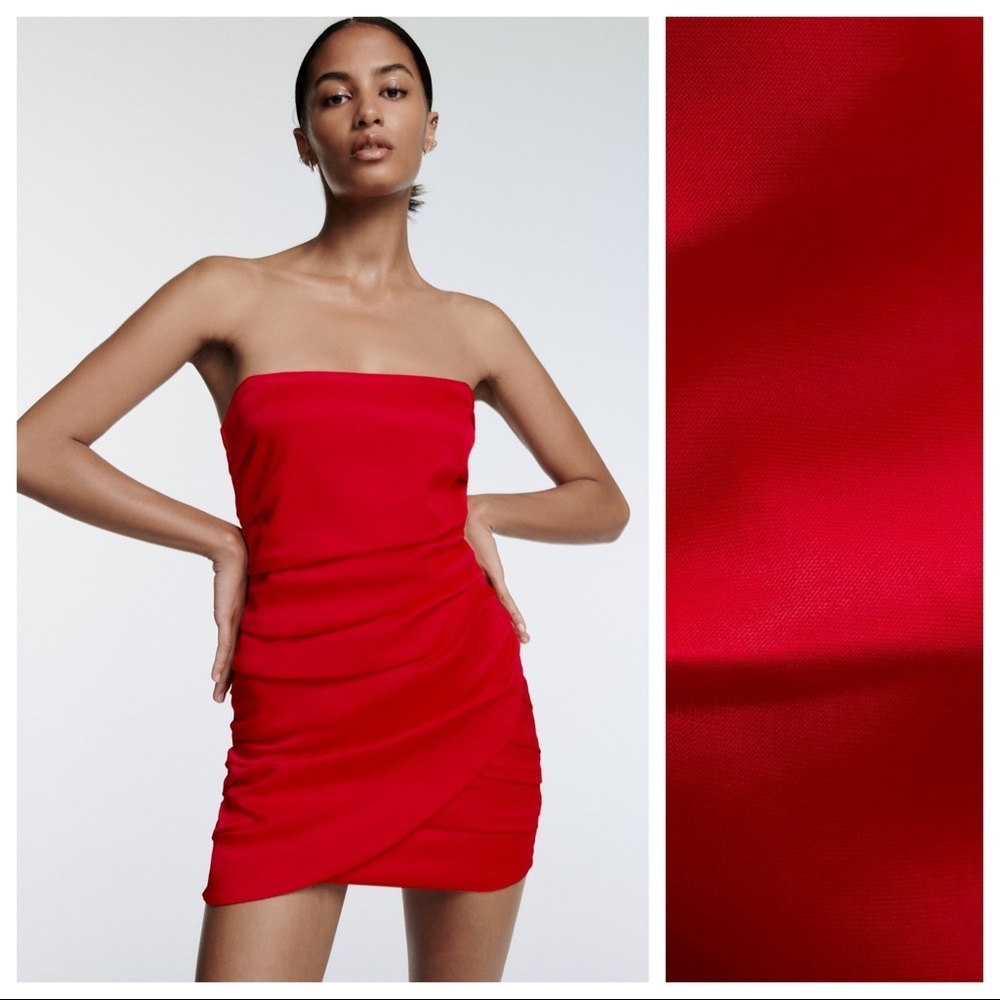 Zara Strapless Red Ruched Mini Dress - Picture 3 of 13